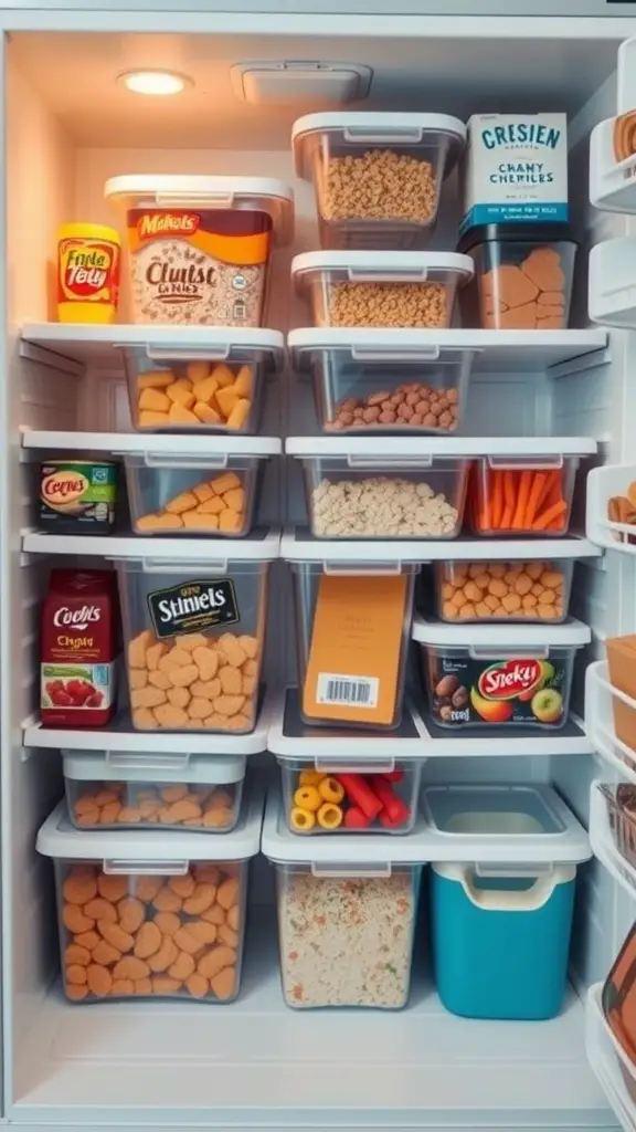 A well-organized fridge with stackable containers holding various snacks and ingredients.