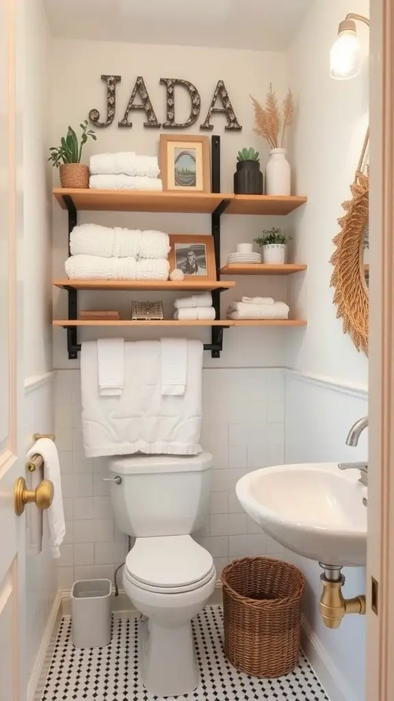 19 Stunning Small Full Bathroom Ideas for Maximum Style 7 Small bathroom with vertical shelving above the toilet, featuring towels, plants, and decorative items.