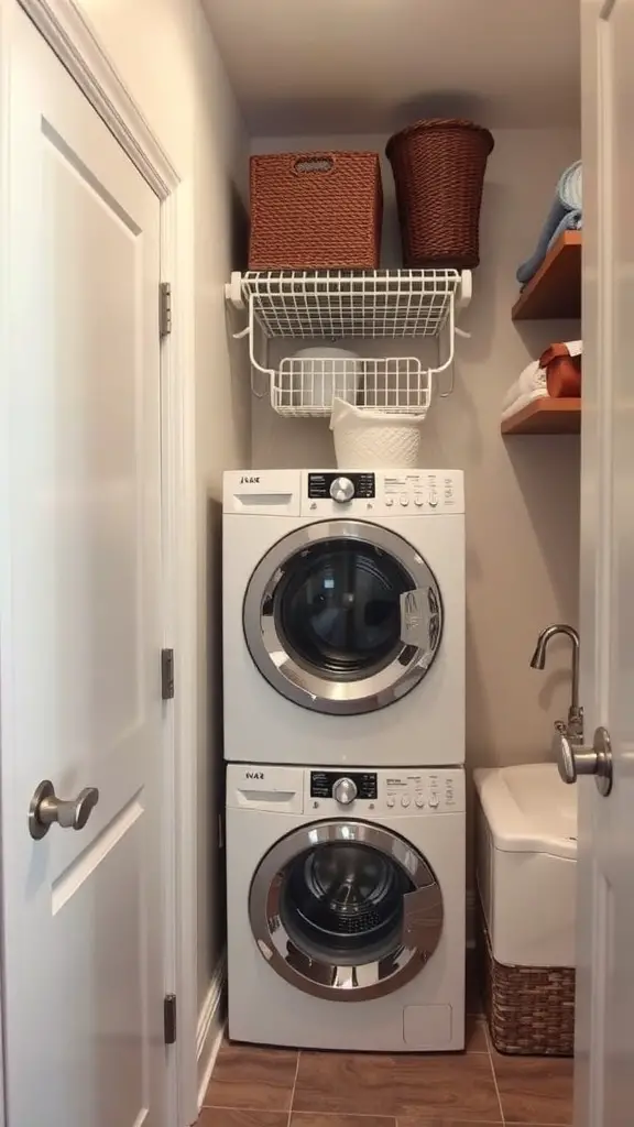 23 Creative Narrow Laundry Room Ideas You’ll Love 14 A narrow laundry room featuring a stacked washer and dryer with wall-mounted shelves and baskets above.