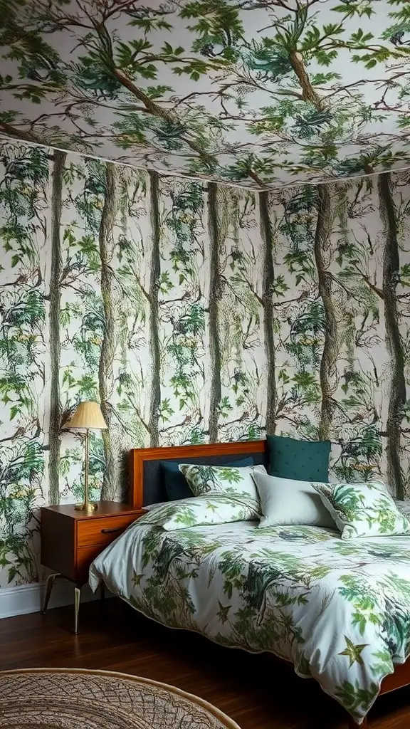 A bedroom with forest-patterned wallpaper, featuring trees and leaves on the walls and ceiling, a wooden bed, and soft bedding.