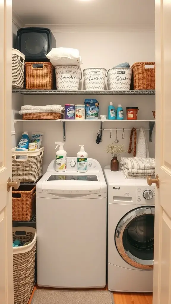 19 Clever Small Laundry Room Ideas to Maximize Space 13 A small laundry room with organized baskets on shelves, a washing machine, and a dryer.