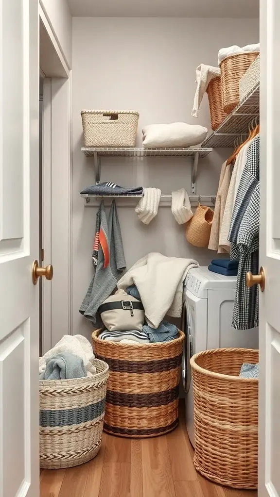 23 Creative Narrow Laundry Room Ideas You’ll Love 12 A narrow laundry room featuring various baskets for organization, with a washer and neatly arranged shelves.