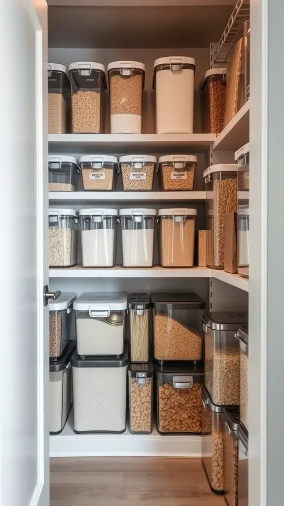 A well-organized pantry with clear containers filled with various dry goods.