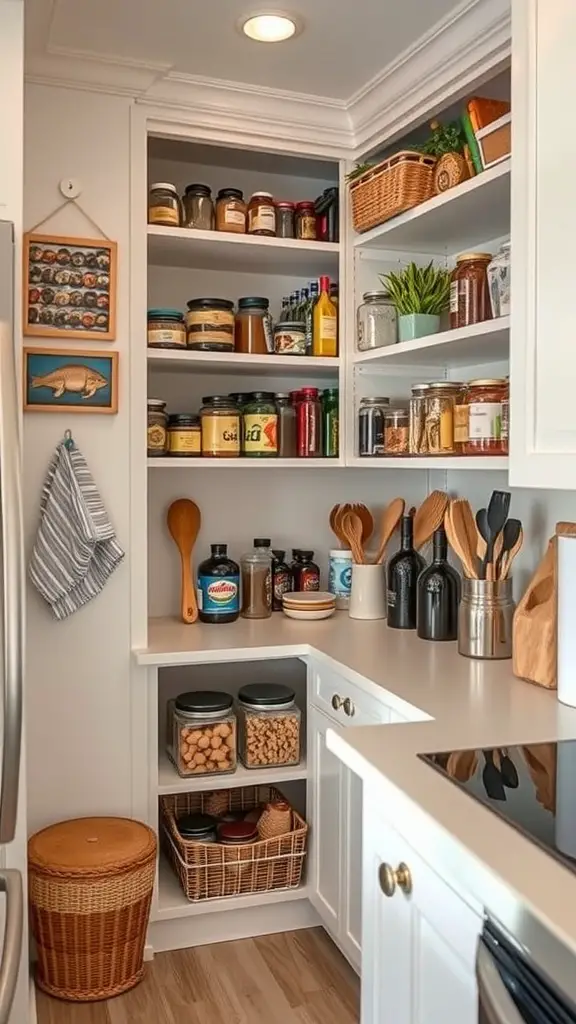 41+Inspiring Pantry Shelving Ideas to Maximize Your Space 8 A well-organized pantry with corner shelves filled with jars, spices, and utensils.