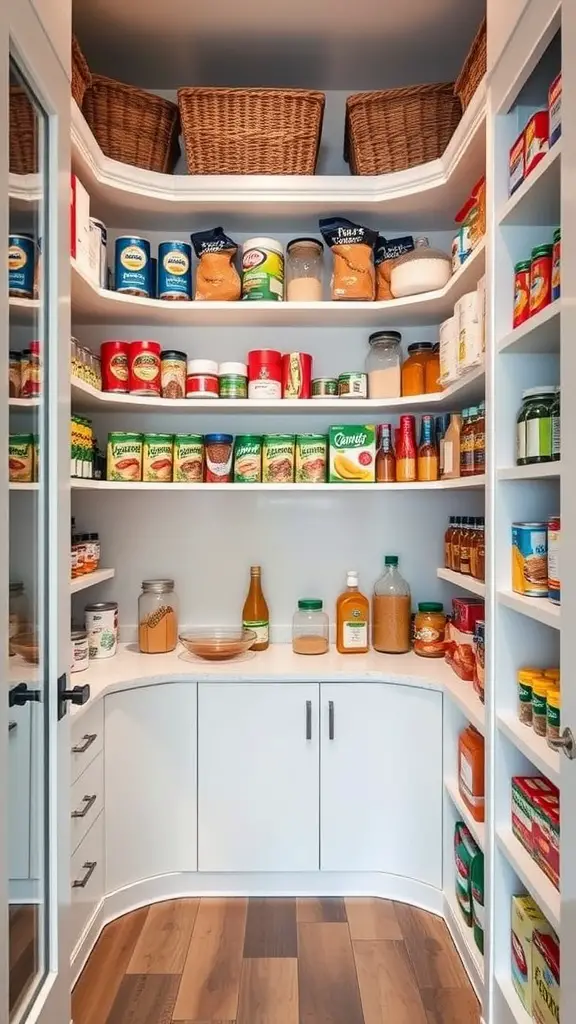 A well-organized walk-in pantry featuring corner shelves filled with various food items and baskets.