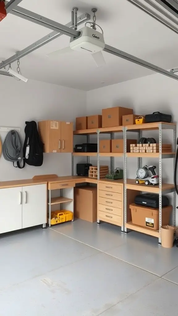 37+Genius Ideas for Garage Storage Organization 11 A well-organized garage with shelves, a workbench, and storage boxes.