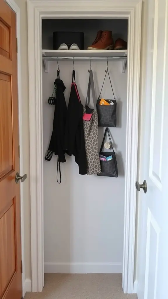 A small walk-in closet with organized door space, featuring hooks for jackets and hanging storage bags.