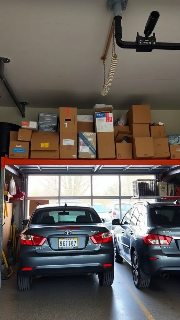 A two-car garage with overhead storage filled with boxes, showcasing organized space.