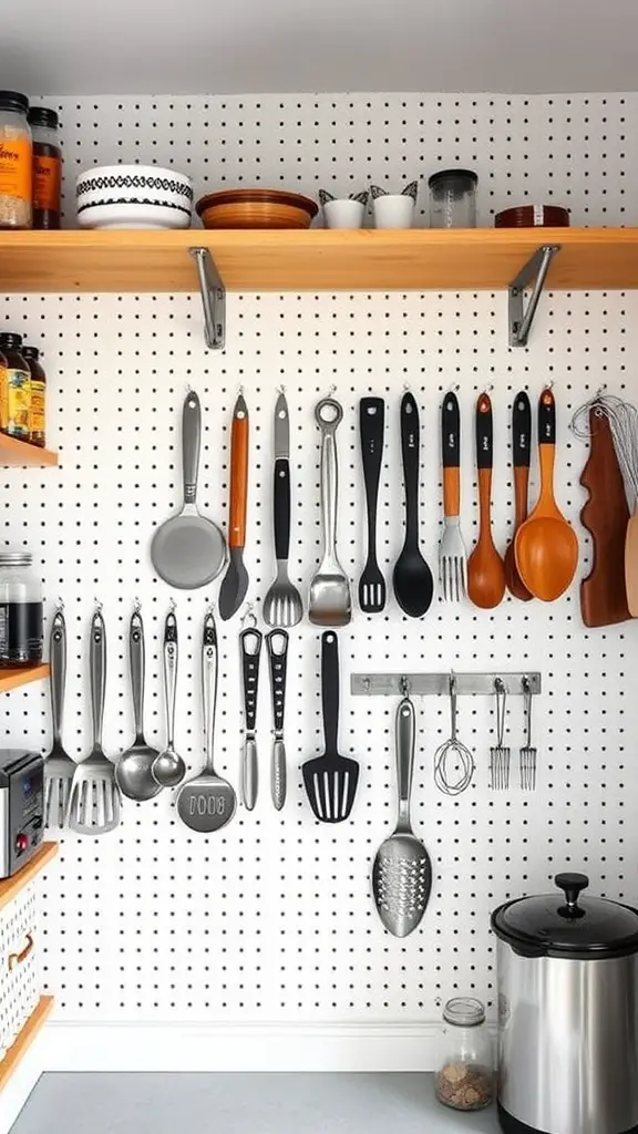 41+Inspiring Pantry Shelving Ideas to Maximize Your Space 11 A pegboard in a kitchen displaying various utensils and tools for easy access.