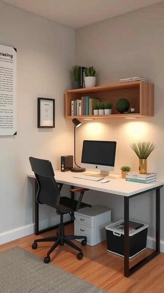 A small office setup featuring a desk with under-desk storage solutions, including drawers and a storage box.