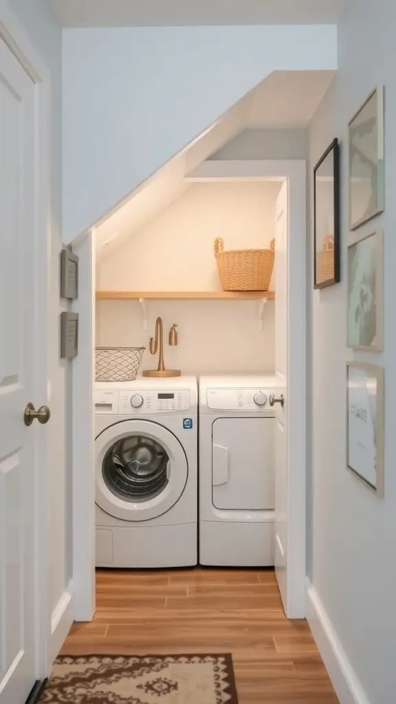 A small laundry room under a staircase with white appliances and wooden shelves.