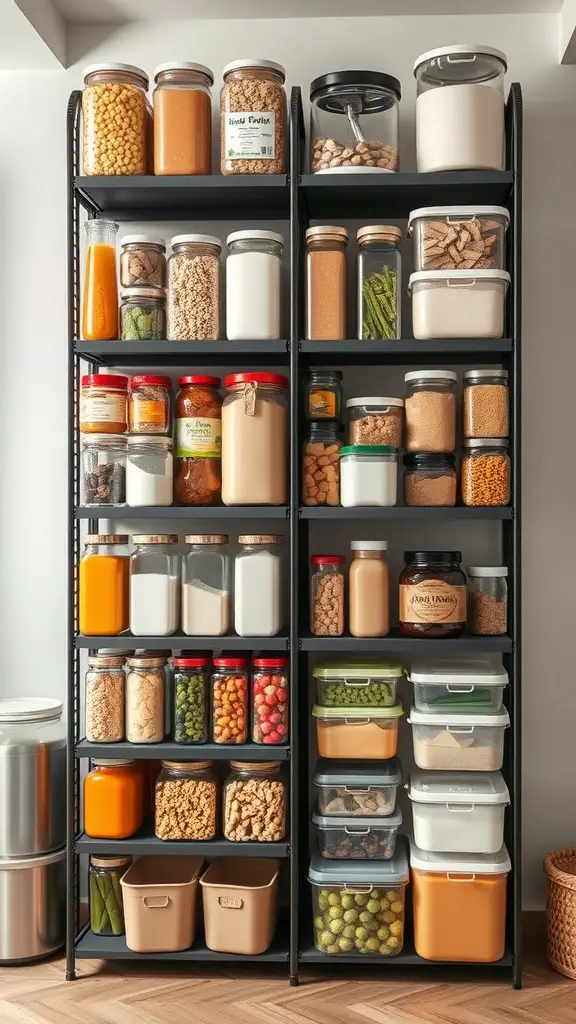15+ Essential Food Storage Room Ideas for Your Home 8 A well-organized food storage shelving unit with various jars and containers.