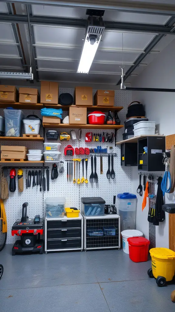 37+Genius Ideas for Garage Storage Organization 5 A well-organized garage with shelves, pegboards, and storage bins
