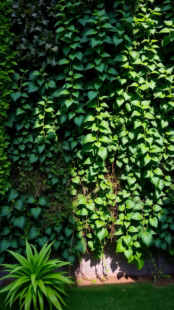 19 Creative Shadow Garden Ideas to Transform Your Outdoor Space 6 A lush green wall of climbing plants with varying leaf shapes and sizes, showcasing vertical gardening.