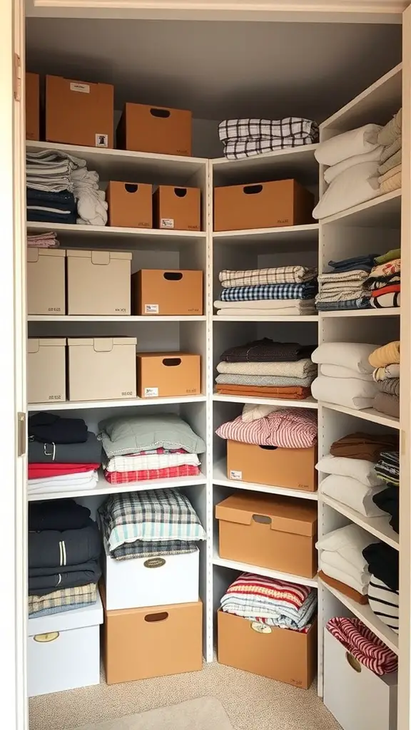 23 Creative Small Closet Organization Ideas for Maximum Space 7 A small closet with organized shelves filled with folded clothes and storage boxes.