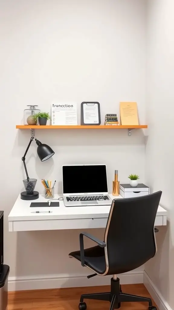A small office space featuring a wall-mounted desk with a laptop, lamp, and decorative items on a shelf.