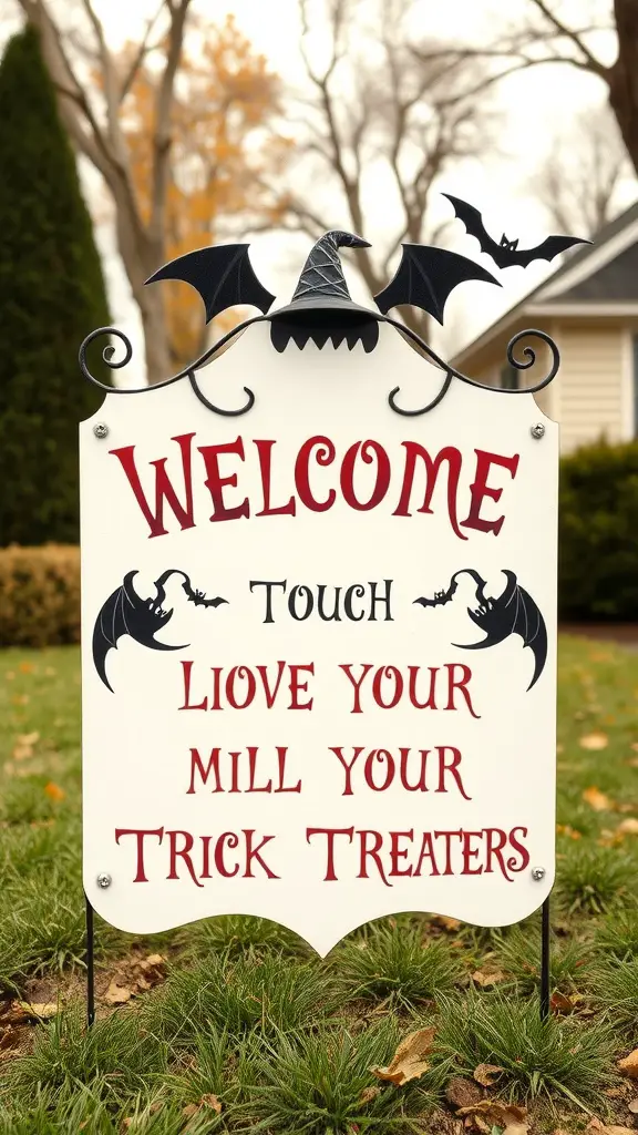 A Halloween-themed welcome sign featuring bats and a witch's hat, with playful text inviting trick-or-treaters.