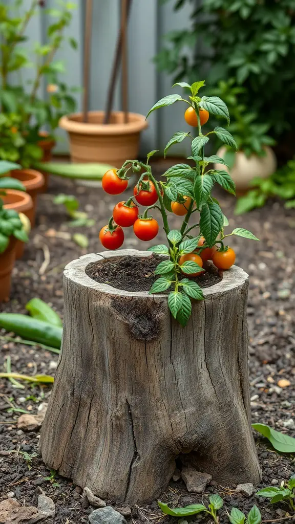 A tree stump planter with a tomato plant bearing ripe tomatoes, surrounded by greenery.