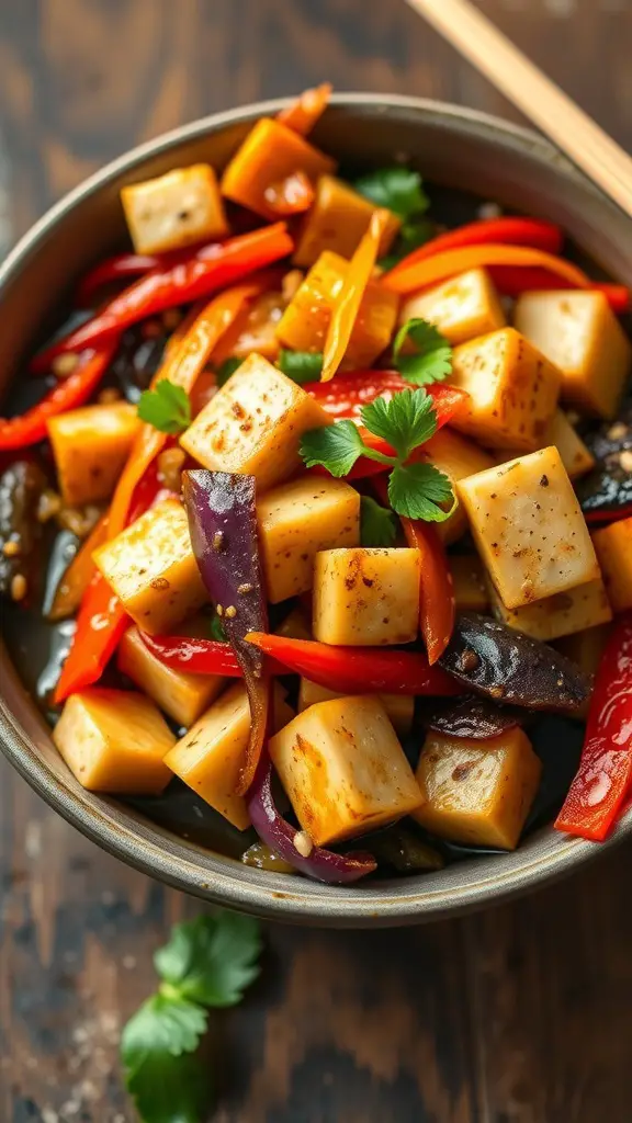 17 Creative Dish Garden Ideas to Elevate Your Space 12 A bowl of vegetable stir-fry with tofu, featuring colorful bell peppers and garnished with cilantro.