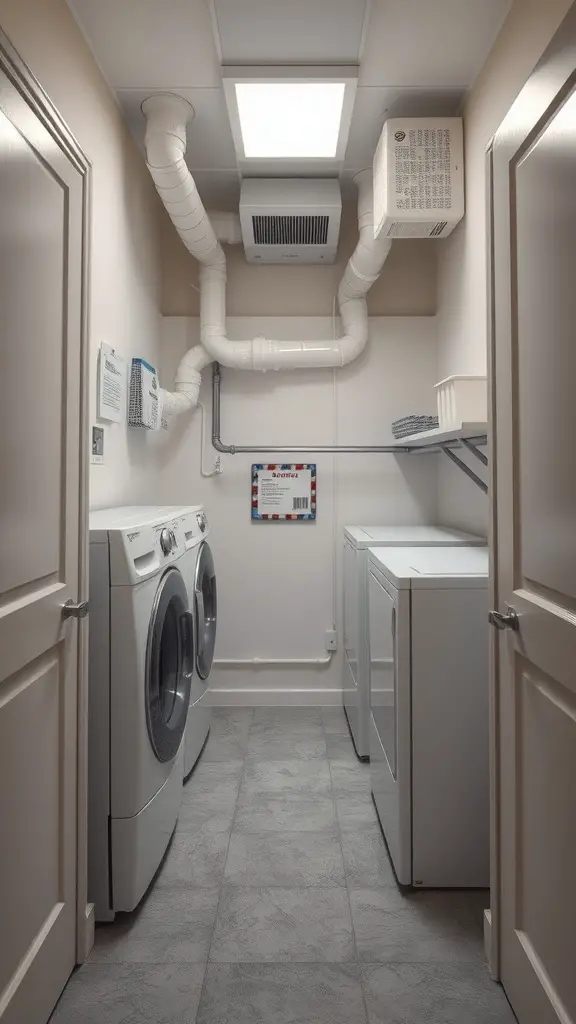 15+ Clever Hallway Laundry Closet Ideas for Small Spaces 8 A hallway laundry closet featuring a washer and dryer with visible ventilation ducts.