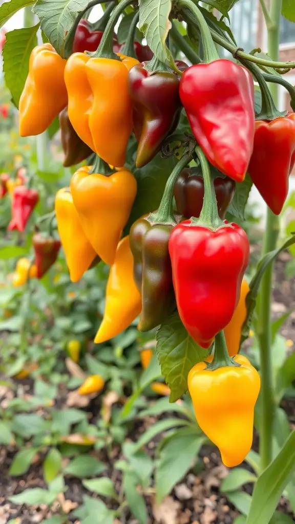 19 Creative Fall Vegetable Garden Ideas for a Bountiful Harvest 7 A close-up of colorful peppers hanging from a plant in a garden.