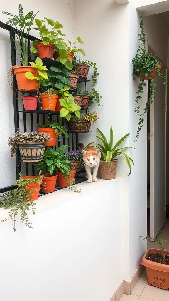21 Creative Cat Balcony Ideas for a Purr-fect Outdoor Retreat 10 A vertical garden with various plants in pots and a cat peeking out.