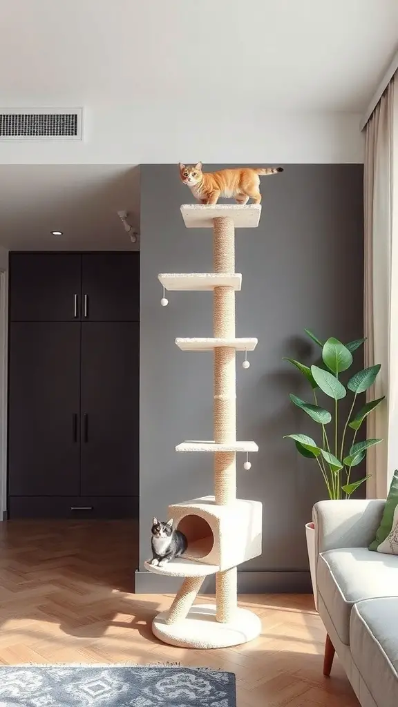 17 Purrfect Cat Apartment Ideas for Happy Felines 8 A modern vertical cat tree with two cats, one on top and one in a cubby, in a stylish apartment setting.