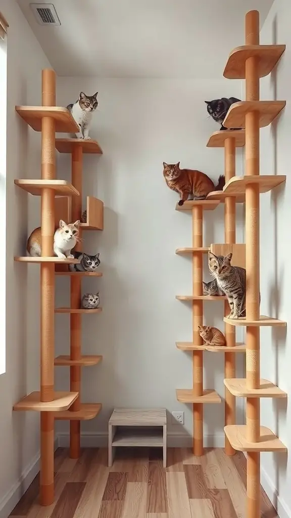 15 Creative Cat Room Ideas You’ll Love 7 A vertical cat climbing structure with multiple levels and several cats on it.