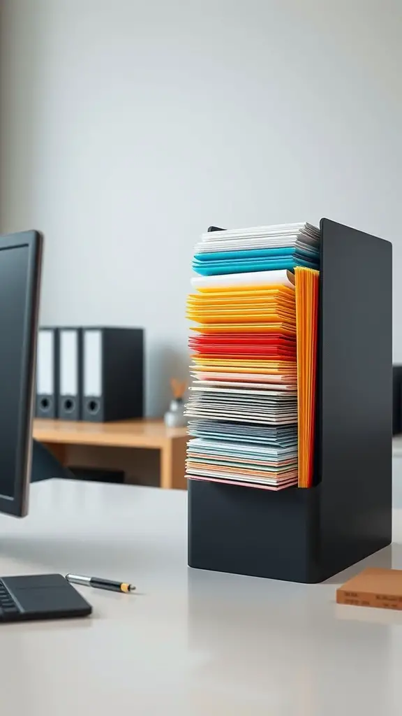 15 Creative Office Storage Ideas to Maximize Space 2 A sleek black vertical file organizer filled with colorful folders on a desk