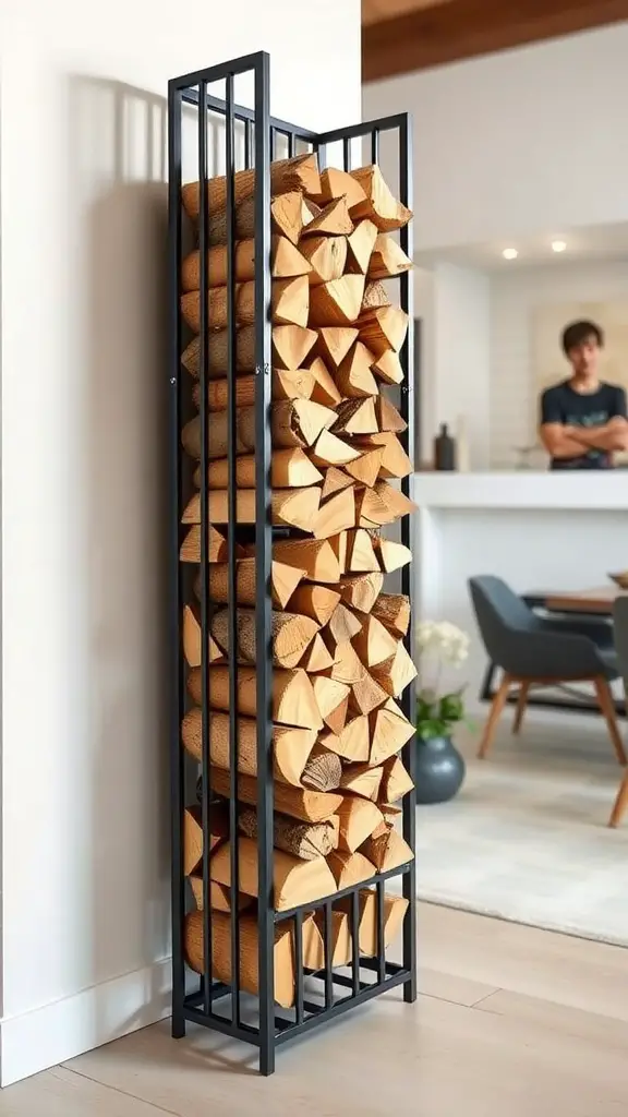 19 Creative Outdoor Firewood Storage Ideas You'll Love 5 A modern vertical firewood holder displaying neatly stacked logs in a stylish black metal frame.