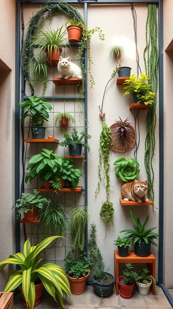 21 Creative Cat Friendly Patio Ideas for the Purrfect Outdoor Space 4 A vertical garden with various plants and two cats exploring the shelves.