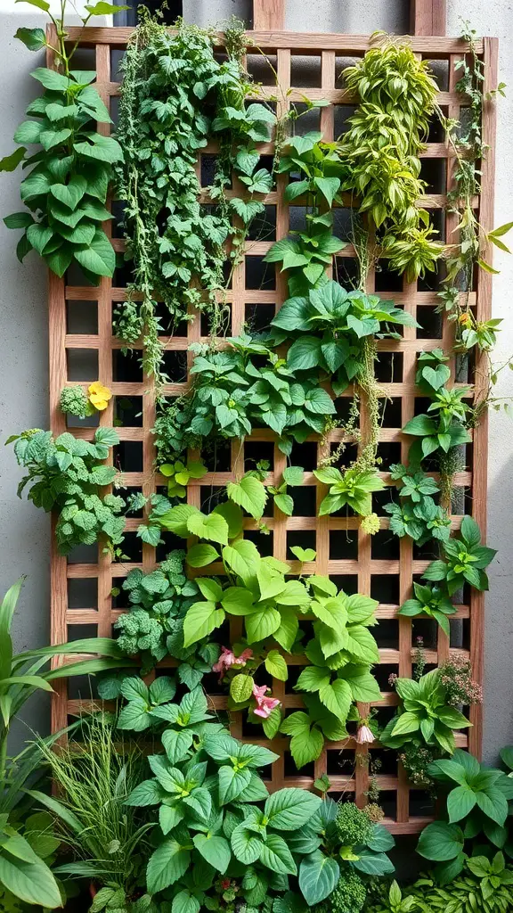 17 Creative Lattice Privacy Screen Ideas for Your Outdoor Space 6 A vertical garden lattice filled with various green plants and herbs.