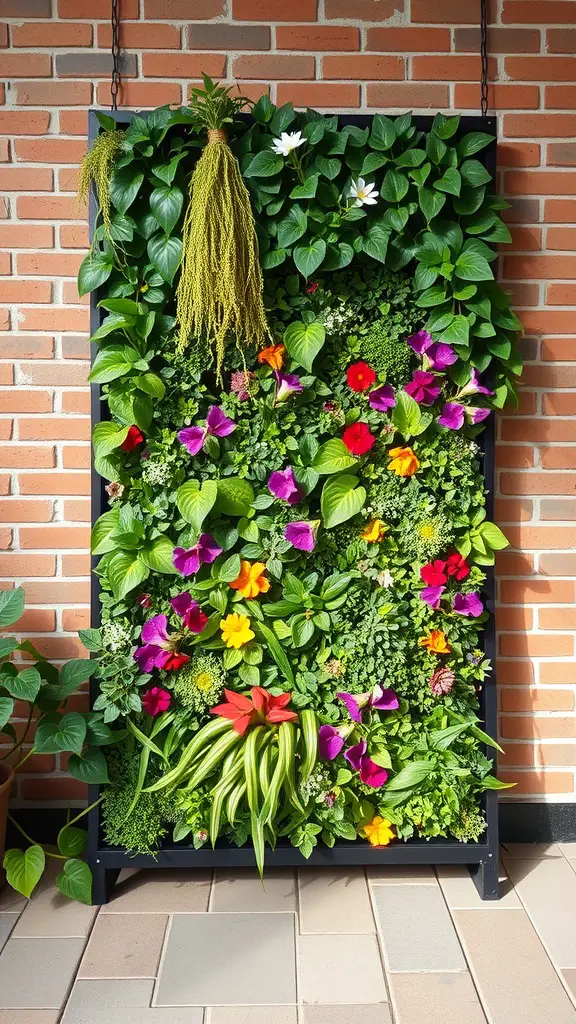 19 Creative Garden Wall Ideas to Transform Your Outdoor Space 4 A vibrant vertical garden panel filled with various plants and flowers against a brick wall.