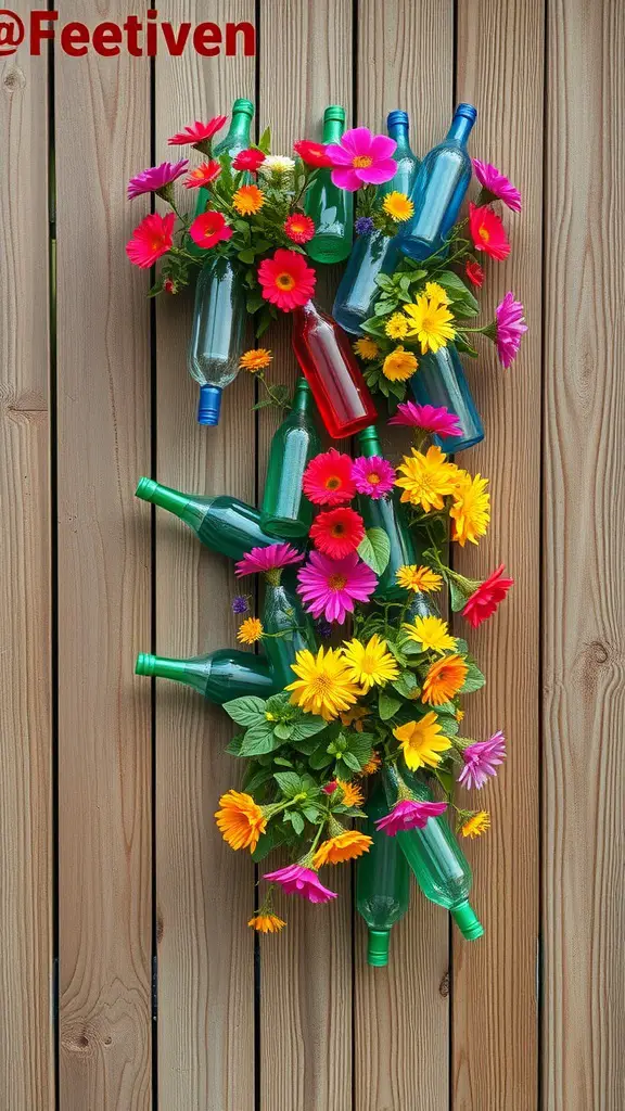 Colorful vertical garden planters made from plastic bottles with flowers