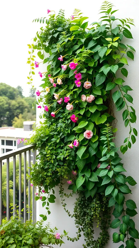 21 Creative Balcony Landscaping Ideas You’ll Love 4 A vertical garden on a balcony featuring lush green leaves and colorful flowers.