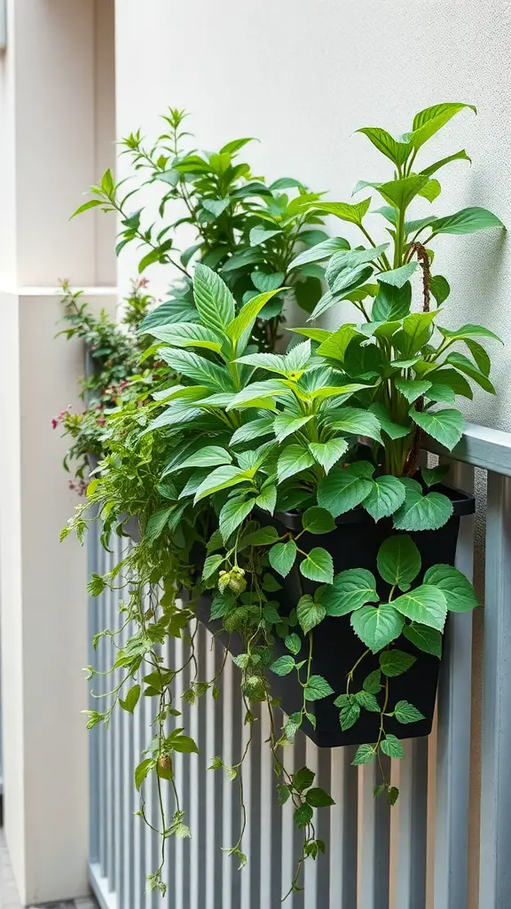 23 Creative Balcony Railing Planters to Transform Your Outdoor Space 8 A balcony railing planter filled with lush green plants, showcasing a vertical garden solution.