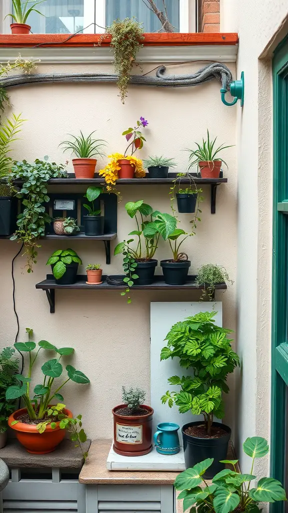 15 Creative Tiny Patio Ideas for Your Outdoor Space 5 A vertical garden with various potted plants arranged on wall-mounted shelves in a small patio.
