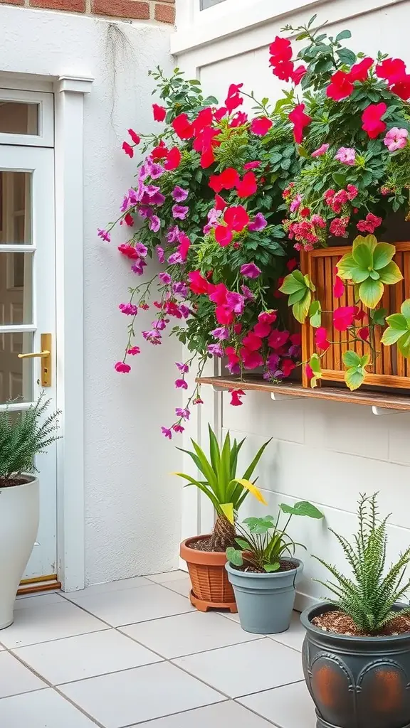 15 Charming Small Outdoor Patio Ideas for a Cozy Retreat 6 A vertical garden wall featuring vibrant pink and red flowers in wooden planters, enhancing a small outdoor patio.