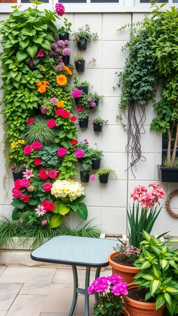 A vibrant vertical garden wall filled with colorful flowers and plants, with a small table in front.
