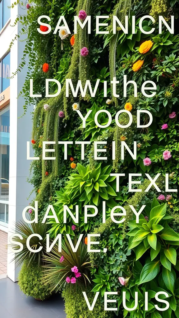 A vibrant vertical garden wall filled with various plants and flowers.