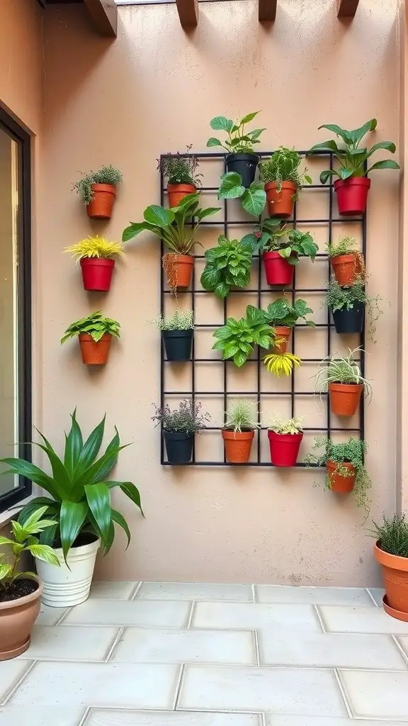 29 Creative Small Patio Decorating Ideas You’ll Love 10 A vertical garden wall with colorful pots filled with various plants, enhancing a small patio.