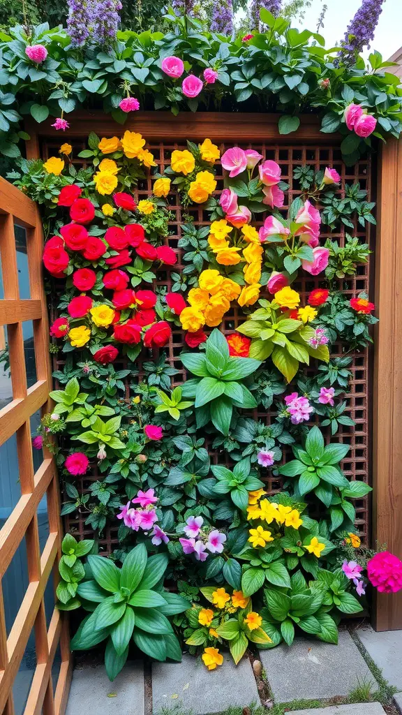 A colorful vertical garden wall with various flowers and greenery.