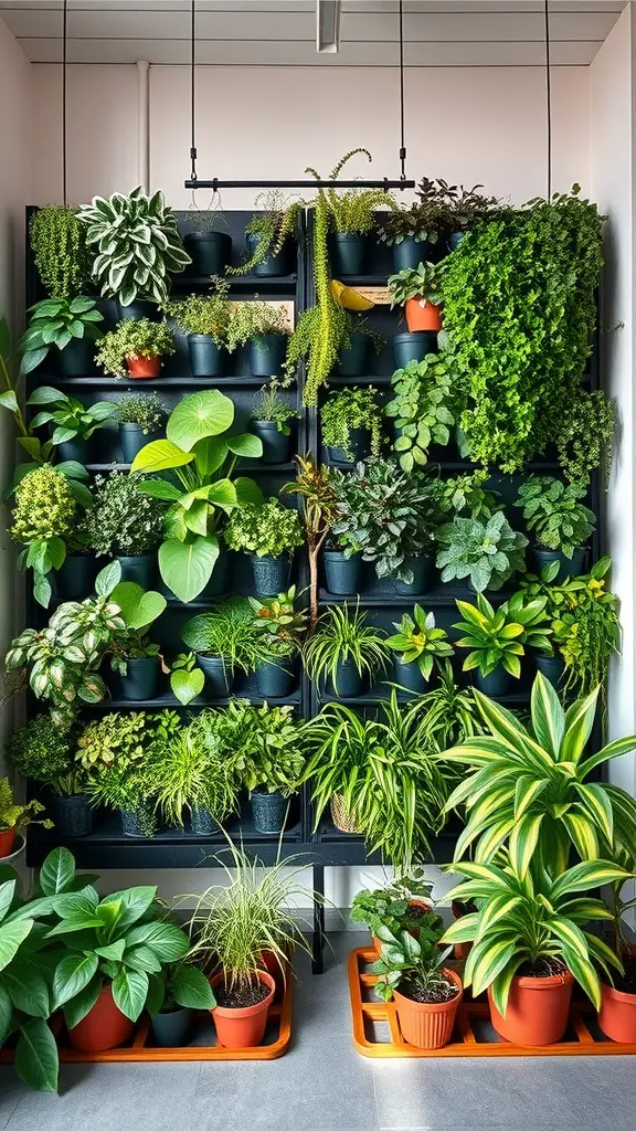 21 Creative Wall Storage Ideas to Maximize Your Space 10 A vertical garden wall filled with various indoor plants in pots, showcasing a lush green display.
