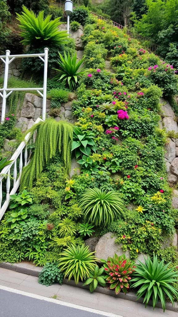 19 Creative Steep Hill Landscaping Ideas to Transform Your Yard 9 A vibrant vertical garden wall on a steep hill, featuring various plants and flowers.