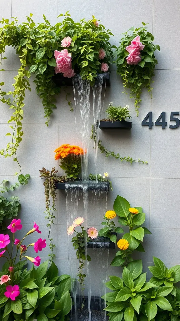 A vertical garden waterfall featuring vibrant flowers and cascading water.