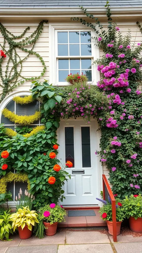 17 Stunning Front Yard Landscaping Ideas for a Beautiful Home Exterior 9 A front facade with vibrant vertical gardening featuring colorful flowers and lush greenery.
