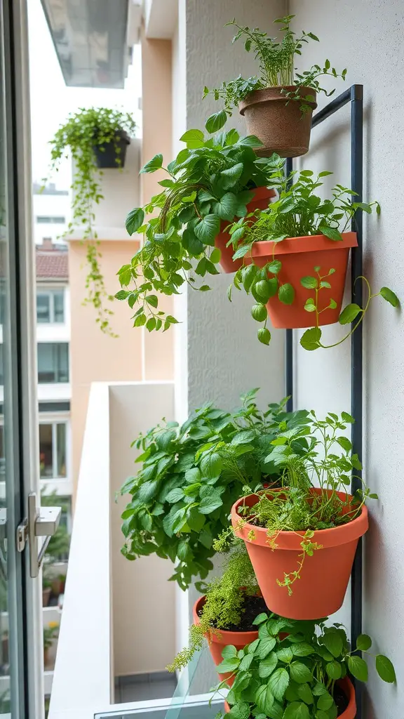 19 Must-Have Vegetables for Your Balcony Garden 10 A vertical garden on a balcony with various herbs and plants in pots.