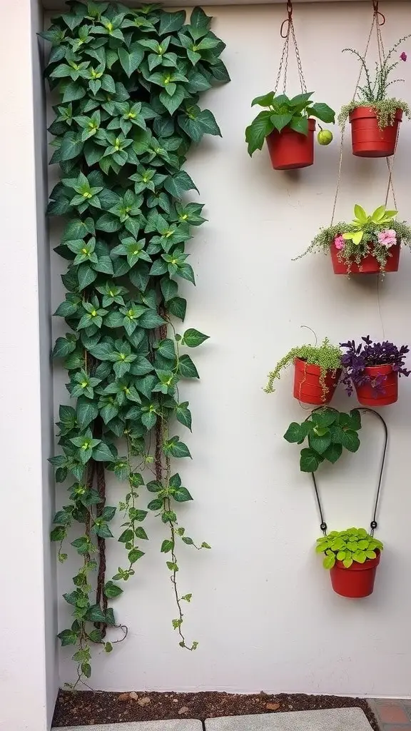 15 Inspiring Perennial Garden Design Ideas to Transform Your Space 12 Vertical garden with green vines and colorful hanging pots