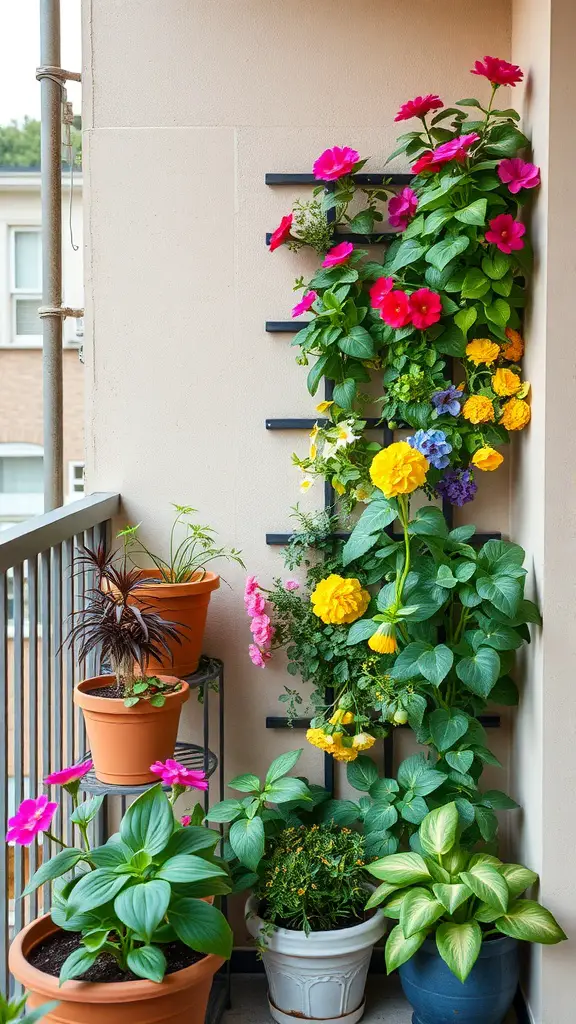 19 Creative Backyard Ideas for Renters 6 A vibrant vertical garden with colorful flowers and potted plants on a balcony.