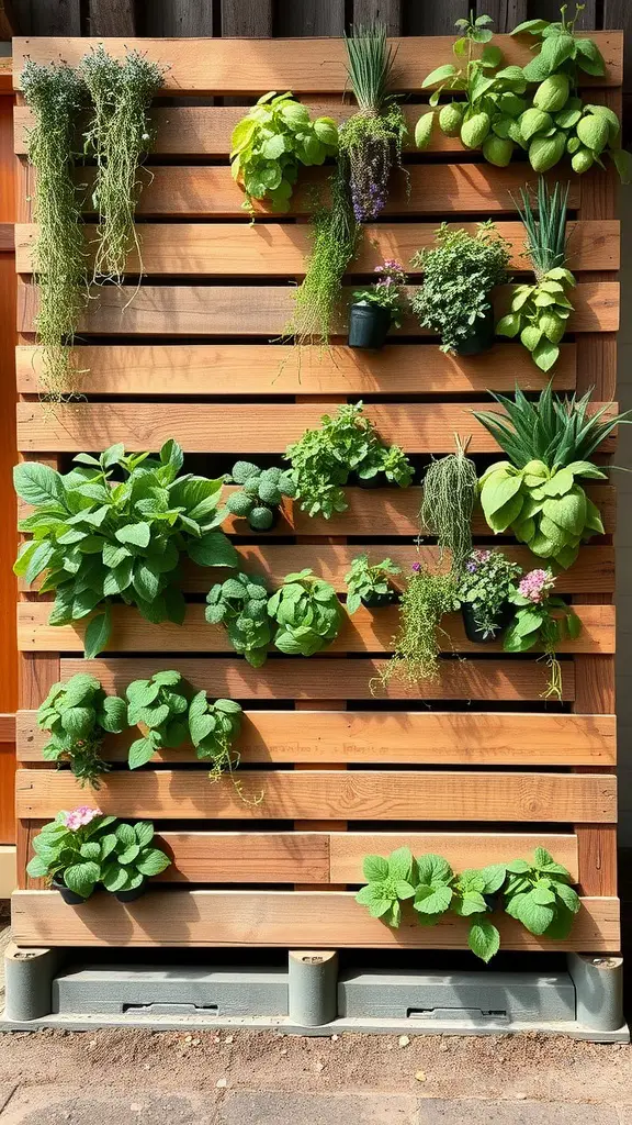15 Creative Junk Garden Ideas to Transform Your Backyard 2 A vertical garden made from reused materials, featuring various plants in pots attached to a wooden structure.
